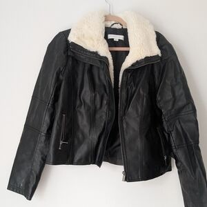 New York And Company Women's Black Leather Jacket with Cream Faux Fur Lining